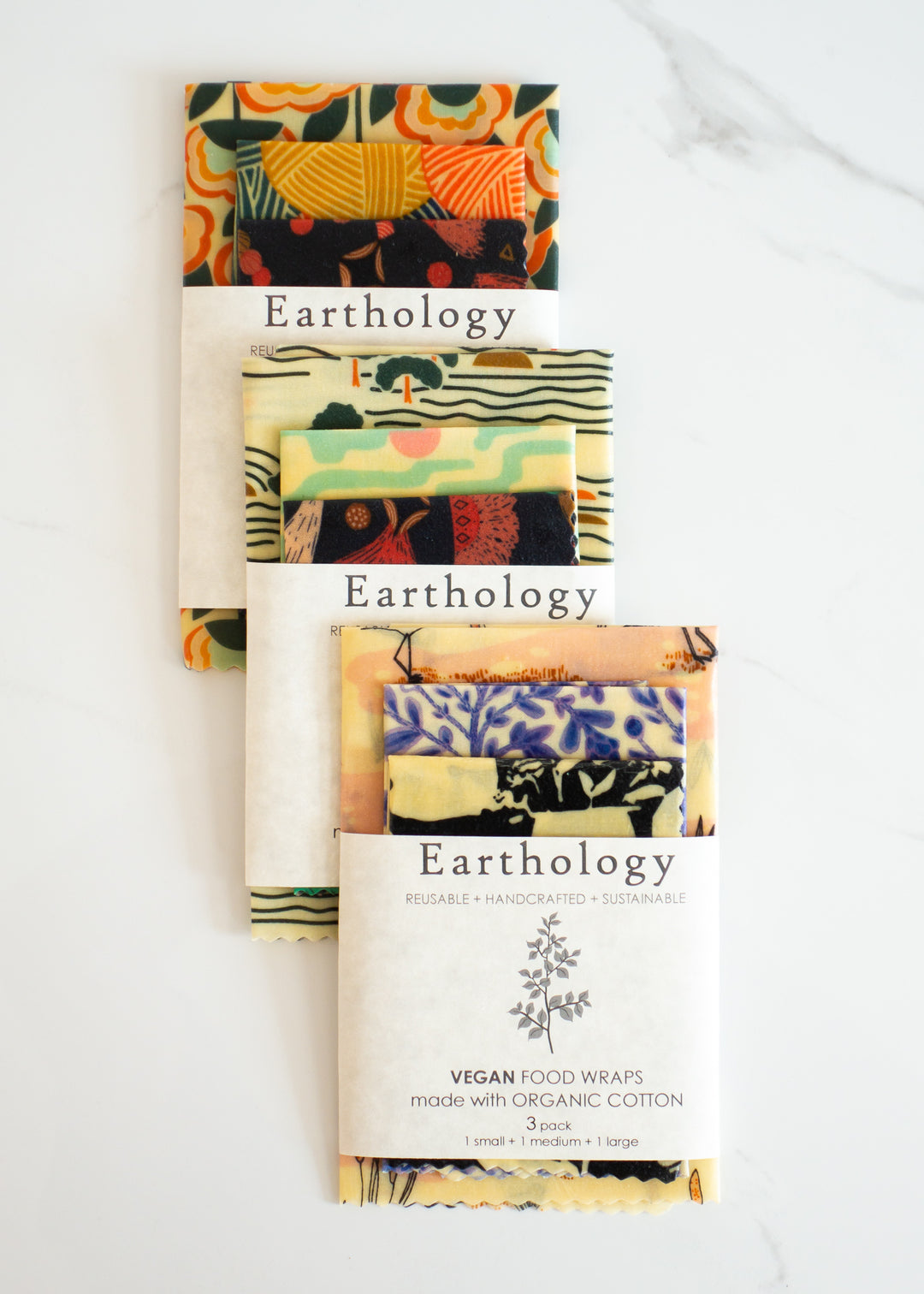 Earthology Vegan Wax Food Wraps 3-pack Made In Canada Of Natural, Organic & Sustainable Ingredients For An Eco-friendly Alternative to Plastic Cling Wrap