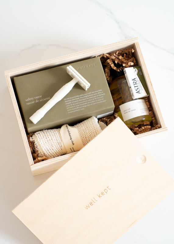 Well Kept Safety Razor Kit in Cream For Environmentally-friendly Shaving Comes In A Wood Box That Includes A Razor, Blades, Shave Oil, & Agave Exfoliating Cloth