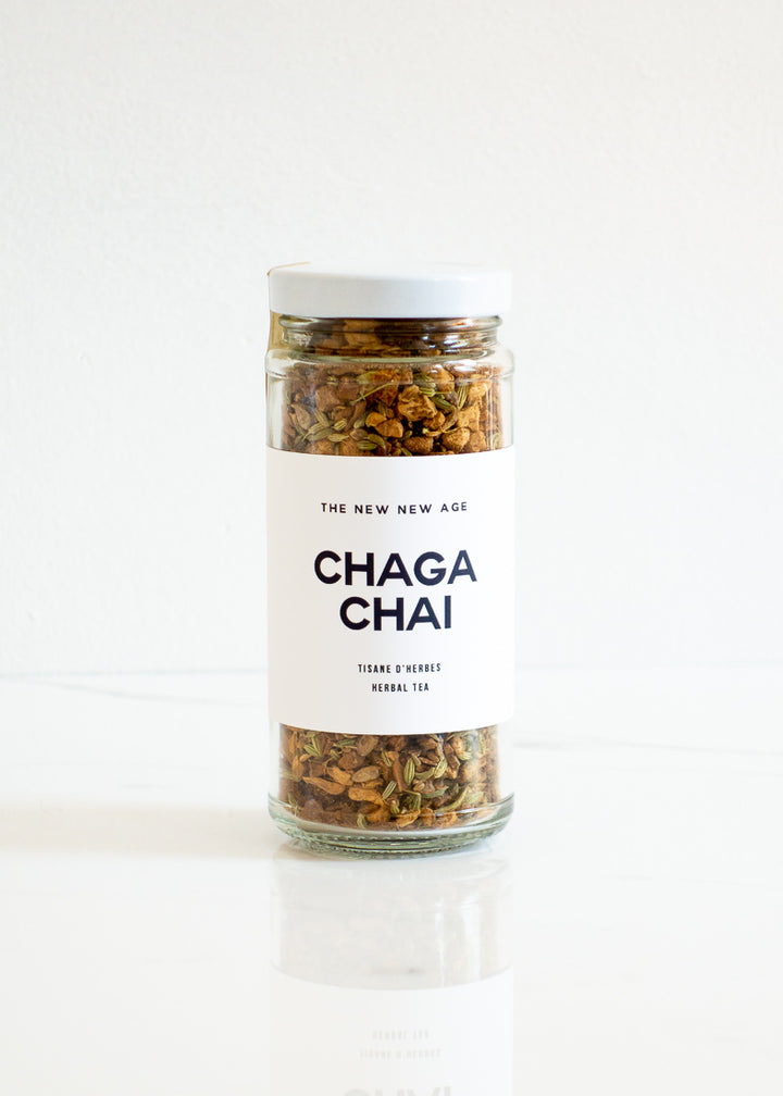 The New New Age Chaga Mushroom Chai Loose Leaf Organic Vegan Tea Packaged In Glass For A Plastic-free Kitchen