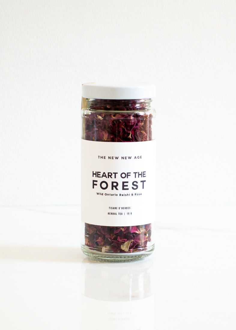 The New New Age Heart of the Forest Loose Leaf Organic Vegan Tea With Reishi & Rose Petals & Packaged In Glass For A Plastic-free Lifestyle