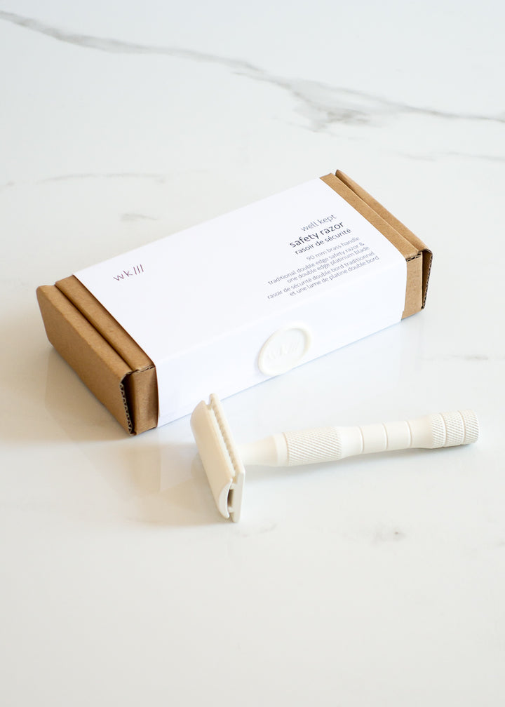 Well Kept Brass Safety Razor In Cream White & Made In Canada For Plastic-free Shaving