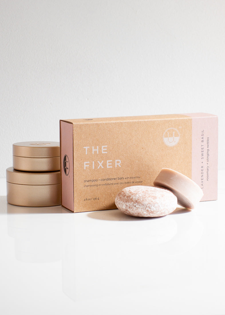 Unwrapped Life The Fixer Shampoo & Conditioner Zero Waste Bars Travel Set With Gold Tins For An Eco-friendly Natural Hair Care Routine