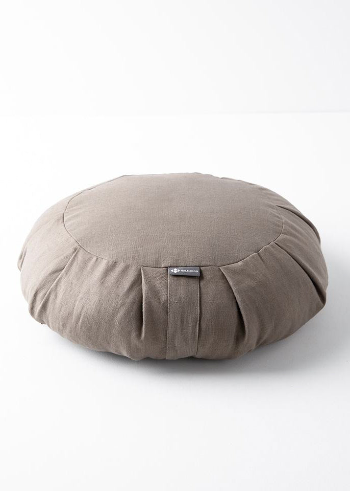 Halfmoon Linen Round Meditation Cushion In Light Mushroom Brown Colour For A Plastic-free Yoga Lifestyle